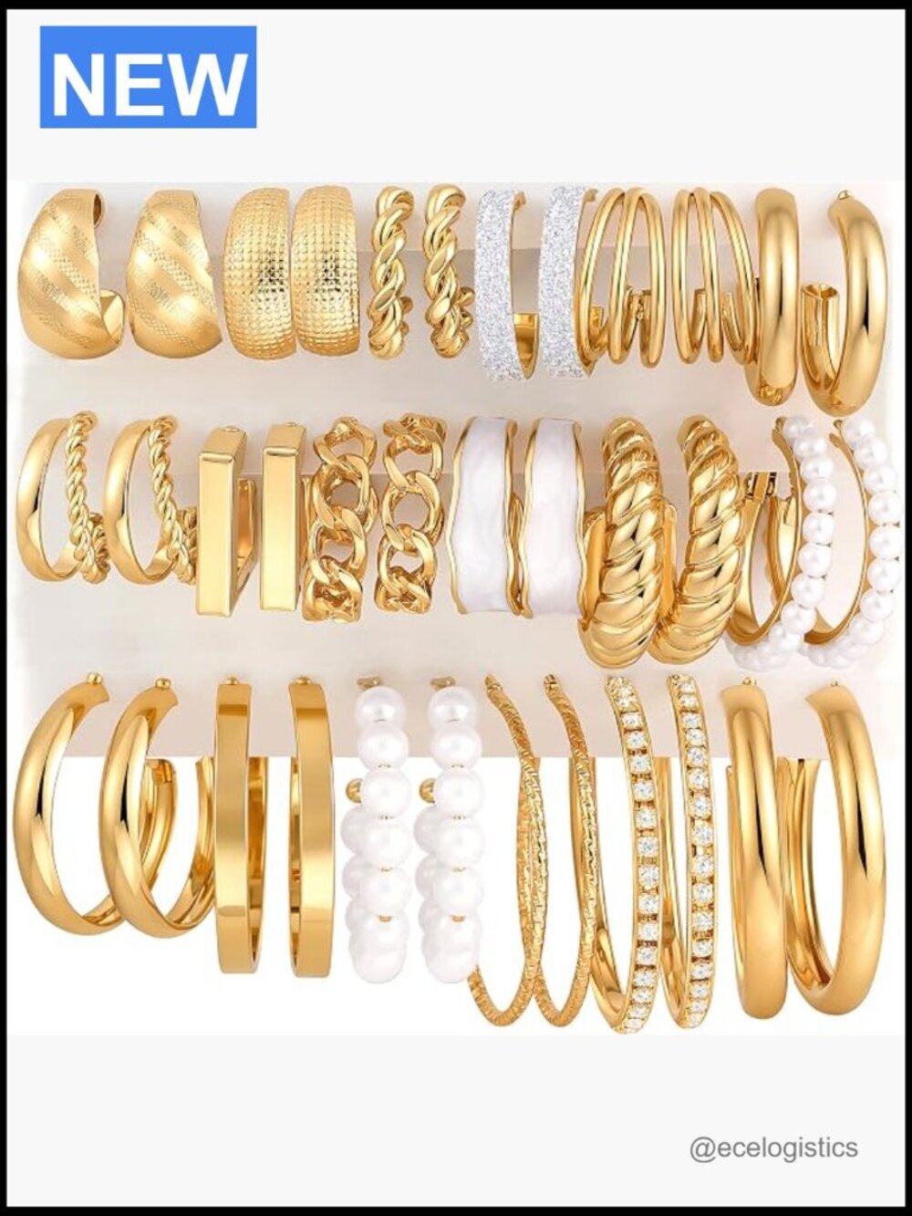 18 Pairs Gold Hoop Earrings Set - Chunky, Twisted, Pearl - Trendy Stackable